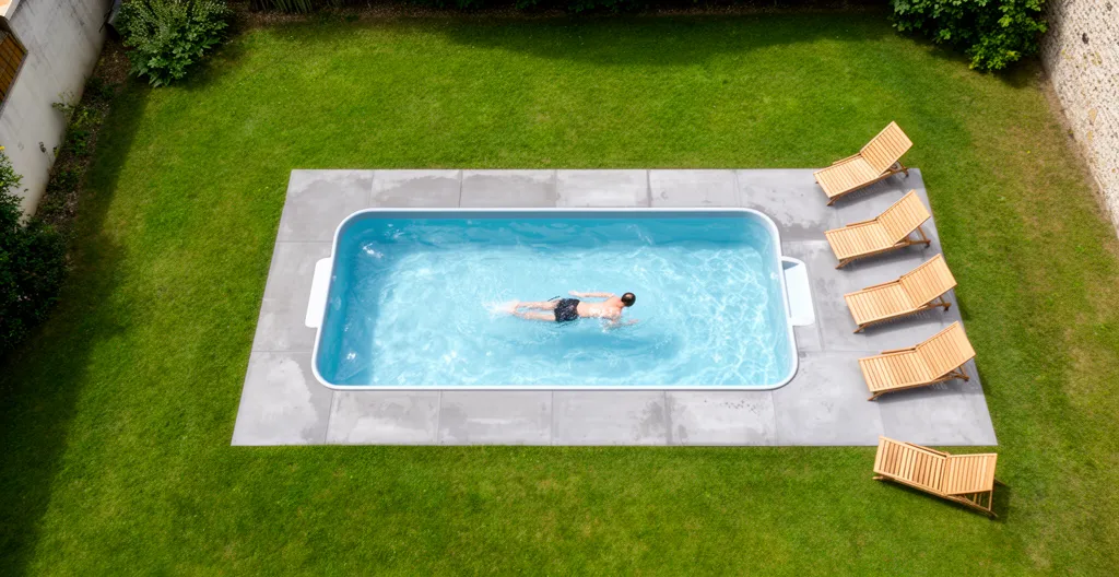 Vue aérienne d'un jardin résidentiel avec piscine compacte permettant la nage sportive