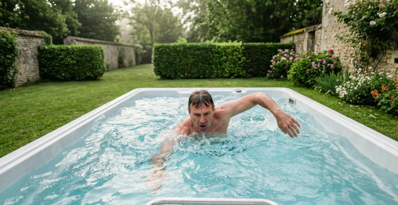 Nageur s'entraînant dans un spa de nage extérieur avec contre-courant actif, jardin français en arrière-plan
