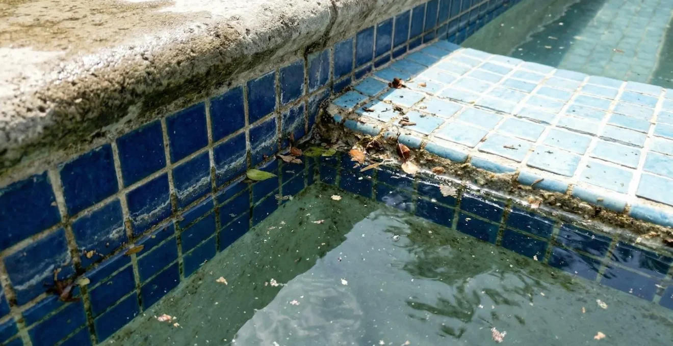 Gros plan sur l'angle d'une piscine rectangulaire montrant des dépôts accumulés dans le coin près de la ligne d'eau