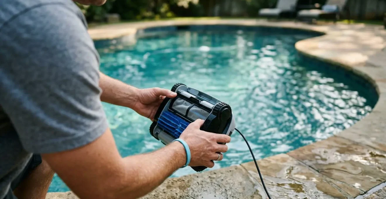 Mains d'une personne tenant un robot de piscine compact au bord du bassin avant de le mettre à l'eau