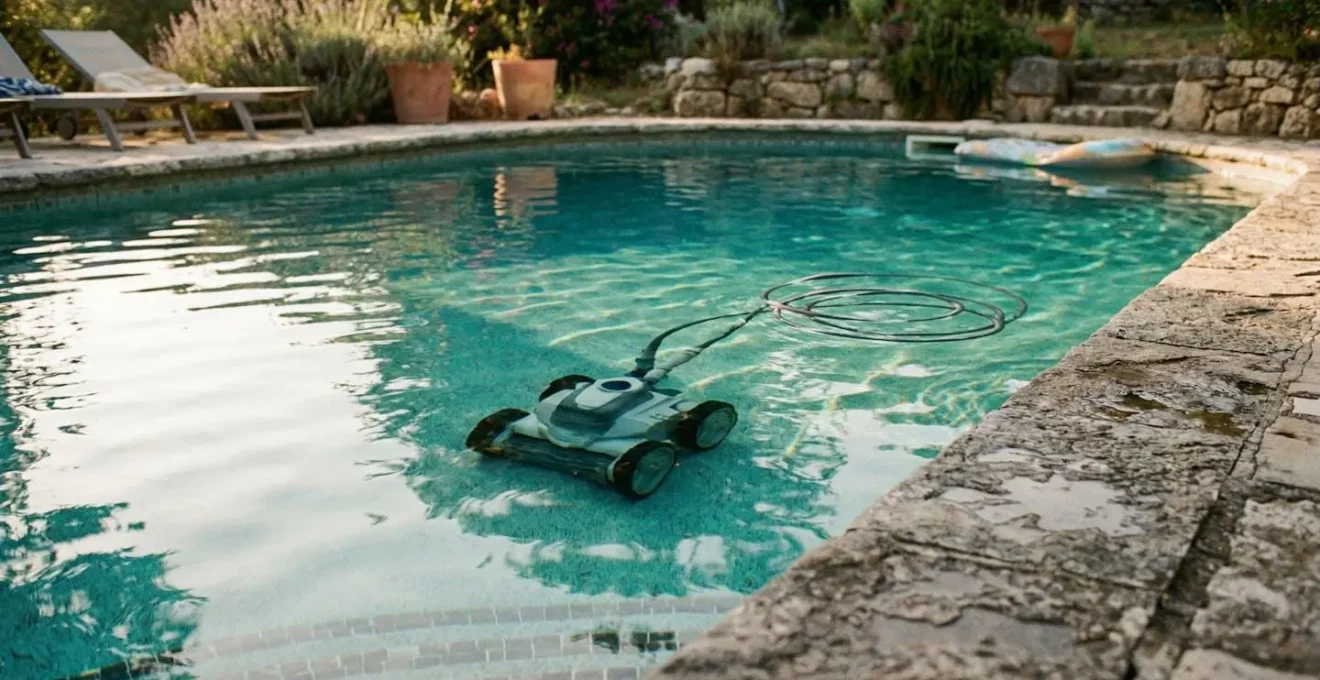 Vue depuis la margelle d'une piscine à forme organique avec un robot de nettoyage immergé dans l'eau claire