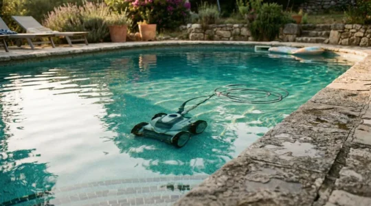 Vue depuis la margelle d'une piscine à forme organique avec un robot de nettoyage immergé dans l'eau claire